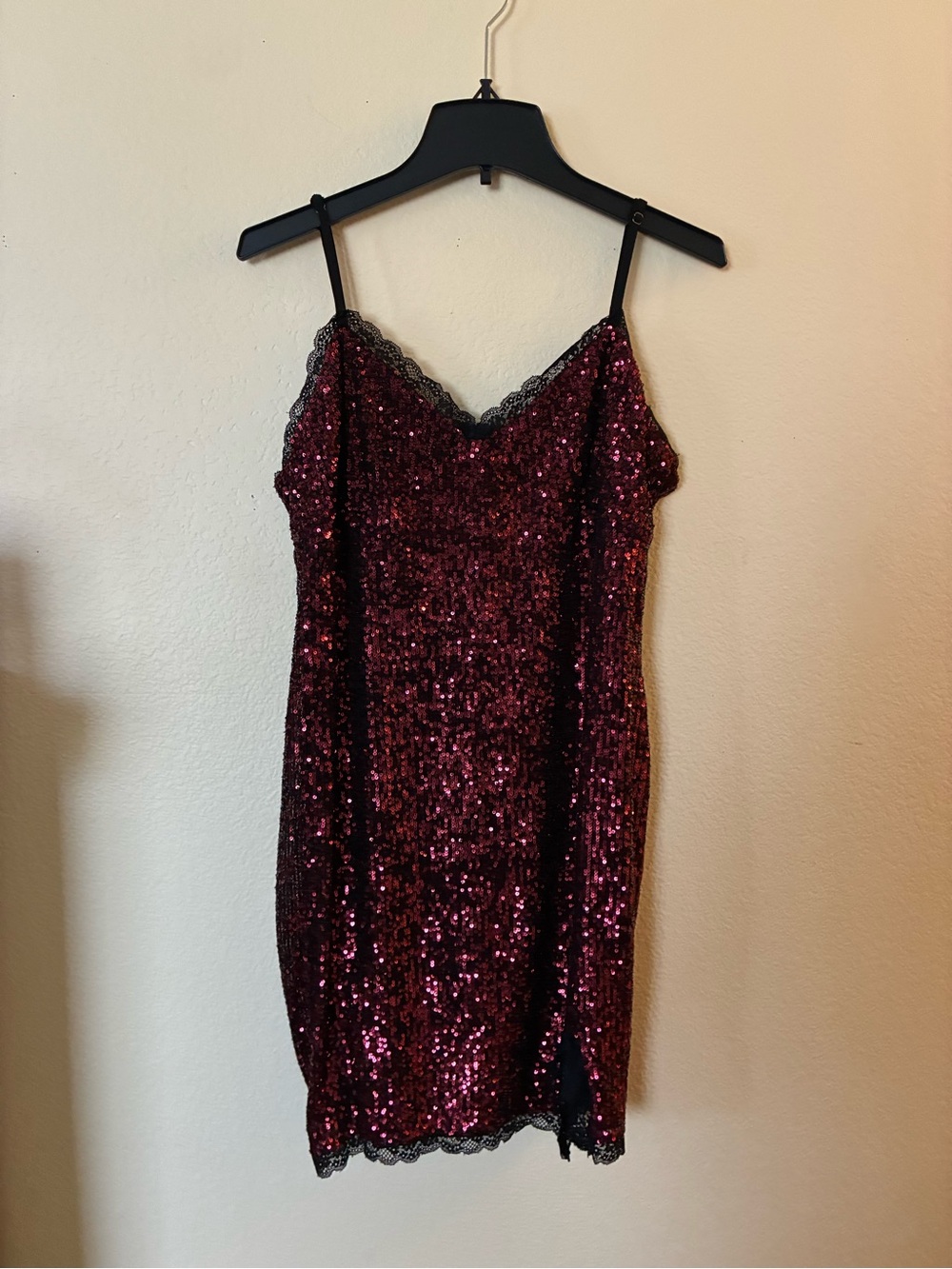 wild fable Burgundy Sequin Slip Dress with Lace Trim